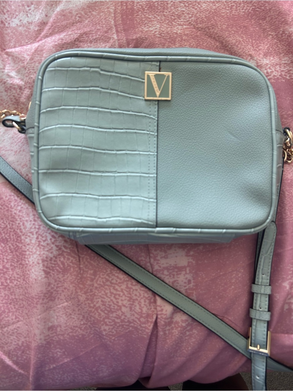 Victoria's Secret Light Gray Two-Texture Crossbody Bag with Gold V